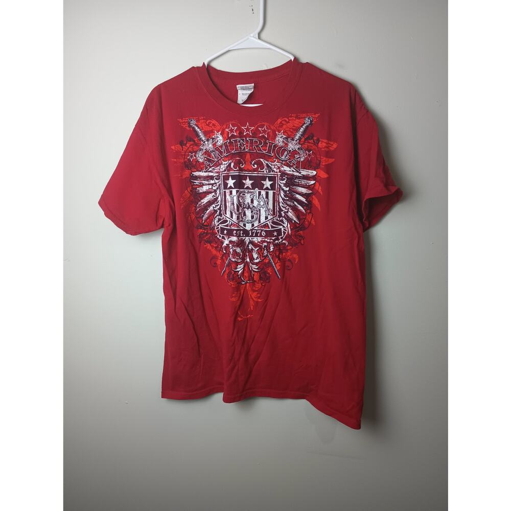 Gildan USA Red American USA Graphic T-Shirt Men's Large Y2K Short‎ sleeve